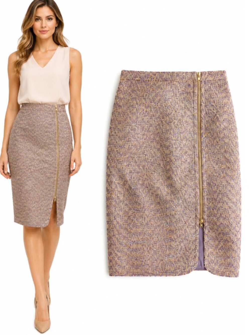 J.Crew Metallic Gold Purple Tweed Pencil Skirt Front Zip Size 2